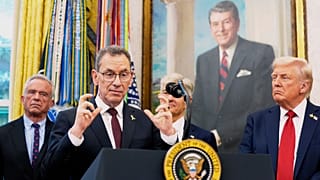Albert Bourla, chairman and chief executive officer of the pharmaceutical company Pfizer. speaks in the Oval Office of the White House. 30 Sept. 2025.