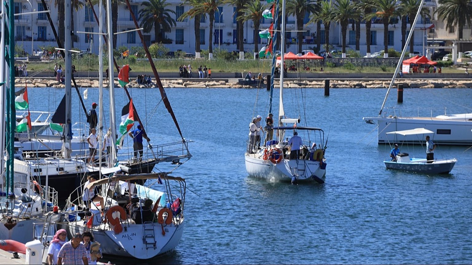 A boat, part of the Global Sumud Flotilla departs to Gaza to deliver aid amidst Israel's blockade on the Palestinian territory, in the Tunisian port of Bizerte, Sept. 13, 2025