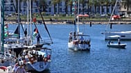 A boat, part of the Global Sumud Flotilla departs to Gaza to deliver aid amidst Israel's blockade on the Palestinian territory, in the Tunisian port of Bizerte, Sept. 13, 2025