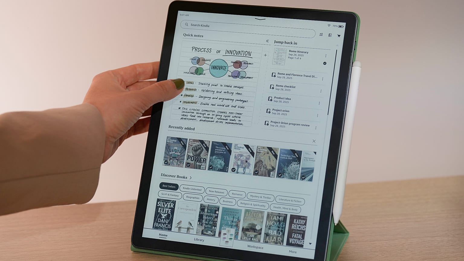 A Kindle Scribe Colorsoft is displayed at an Amazon event in New York, Tuesday, Sept. 30, 2025. 