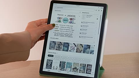 A Kindle Scribe Colorsoft is displayed at an Amazon event in New York, Tuesday, Sept. 30, 2025. 