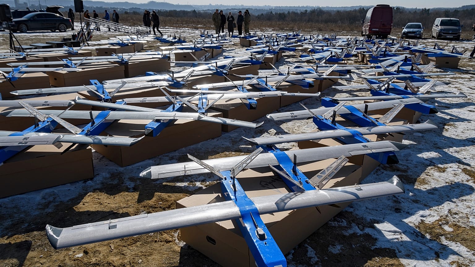 FILE - Ukrainian-made fixed-wing Besomar 3210 drone interceptors in an undisclosed location in the Lviv region, western Ukraine, Feb. 21, 2025.