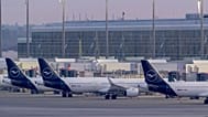 Lufthansa aircraft sit at Terminal 2 at Munich Airport, Germany Monday morning, March 10, 2025.