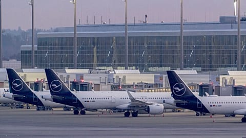 Lufthansa aircraft sit at Terminal 2 at Munich Airport, Germany Monday morning, March 10, 2025.