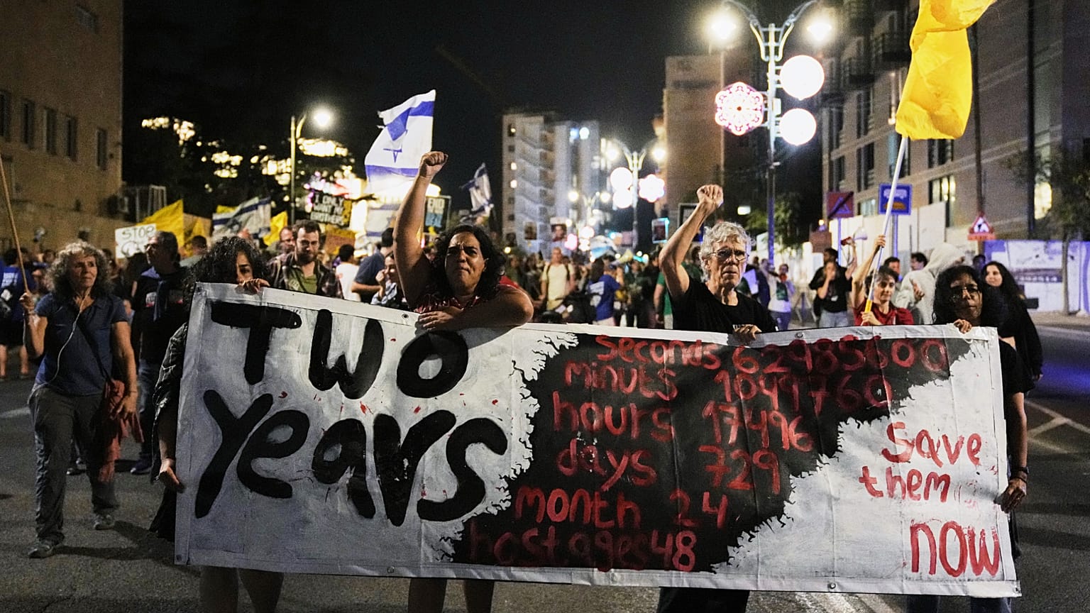 Supporters of Israeli hostages held in the Gaza Strip protest demanding their release from Hamas captivity and calling for an end to the war, n Jerusalem, Oct. 4, 2025.