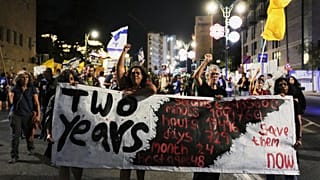 Supporters of Israeli hostages held in the Gaza Strip protest demanding their release from Hamas captivity and calling for an end to the war, n Jerusalem, Oct. 4, 2025.