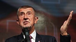 Chairman of opposition "ANO" (YES) movement Andrej Babis addresses the media during the parliamentary elections in Prague, Czech Republic, Saturday, Oct. 4, 2025. 