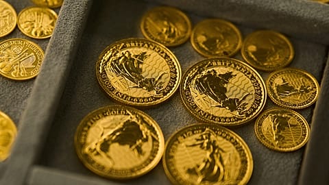 FILE - A collection of gold coins is displayed at a shop in the St. Vincent Jewelry Center in the Jewelry District of Los Angeles, 30 April 2025