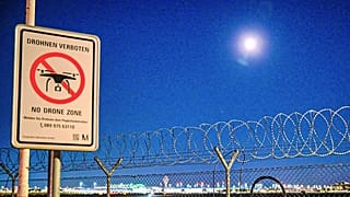 Ein Schild mit einem Drohnenverbot ist am 3. Oktober 2025, am Münchner Flughafen zu sehen