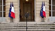 A microphone is set up in the courtyard for the statement by French outgoing Prime Minister Sebastien Lecornu at the Hotel Matignon in Paris. 6 Oct. 2025.