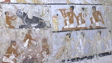 FILE: This image, taken from a video on Saturday, 3 February 2018, shows murals inside a 4,400-year-old tomb near the pyramids outside Cairo, Egypt.