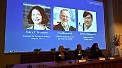 A három kitüntetett immunkutató fényképe a stockholmi Karolinska Intézet Nobel-közgyűlésén