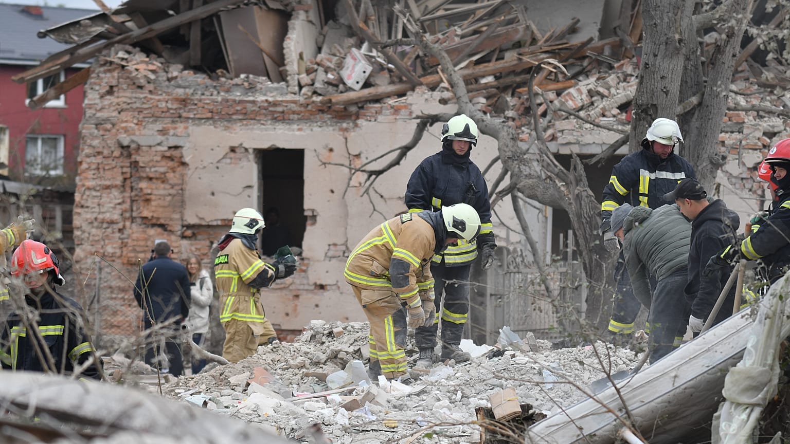 Buildings destroyed after a Russian attack