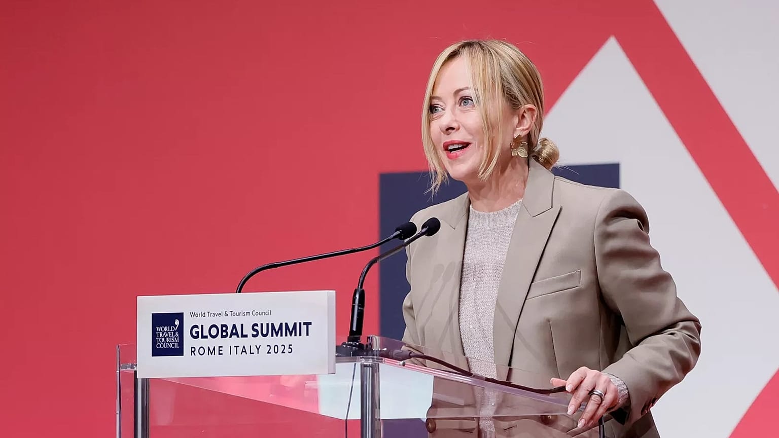 FILE - Italian Premier Giorgia Meloni speaks at the Global Summit World Travel and Tourism Council in Rome. 29 September 2025.