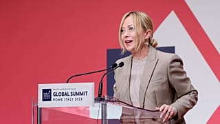 FILE - Italian Premier Giorgia Meloni speaks at the Global Summit World Travel and Tourism Council in Rome. 29 September 2025.