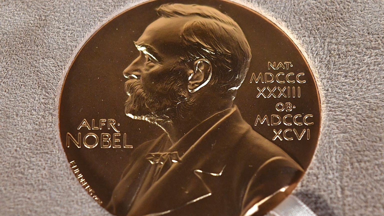 O Prémio Nobel é exibido em Nova Iorque a 8 de dezembro de 2020.