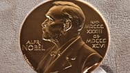 A Nobel Prize award is displayed in New York on Dec. 8, 2020.