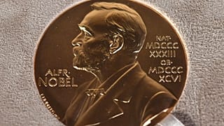A Nobel Prize award is displayed in New York on Dec. 8, 2020.
