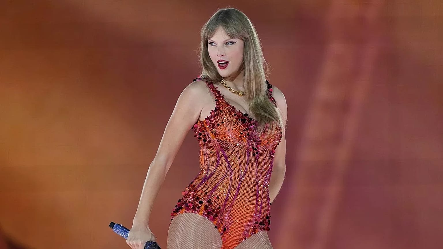 Taylor Swift performs at the Paris Le Defense Arena during her Eras Tour concert in Paris, on May 9, 2024. 