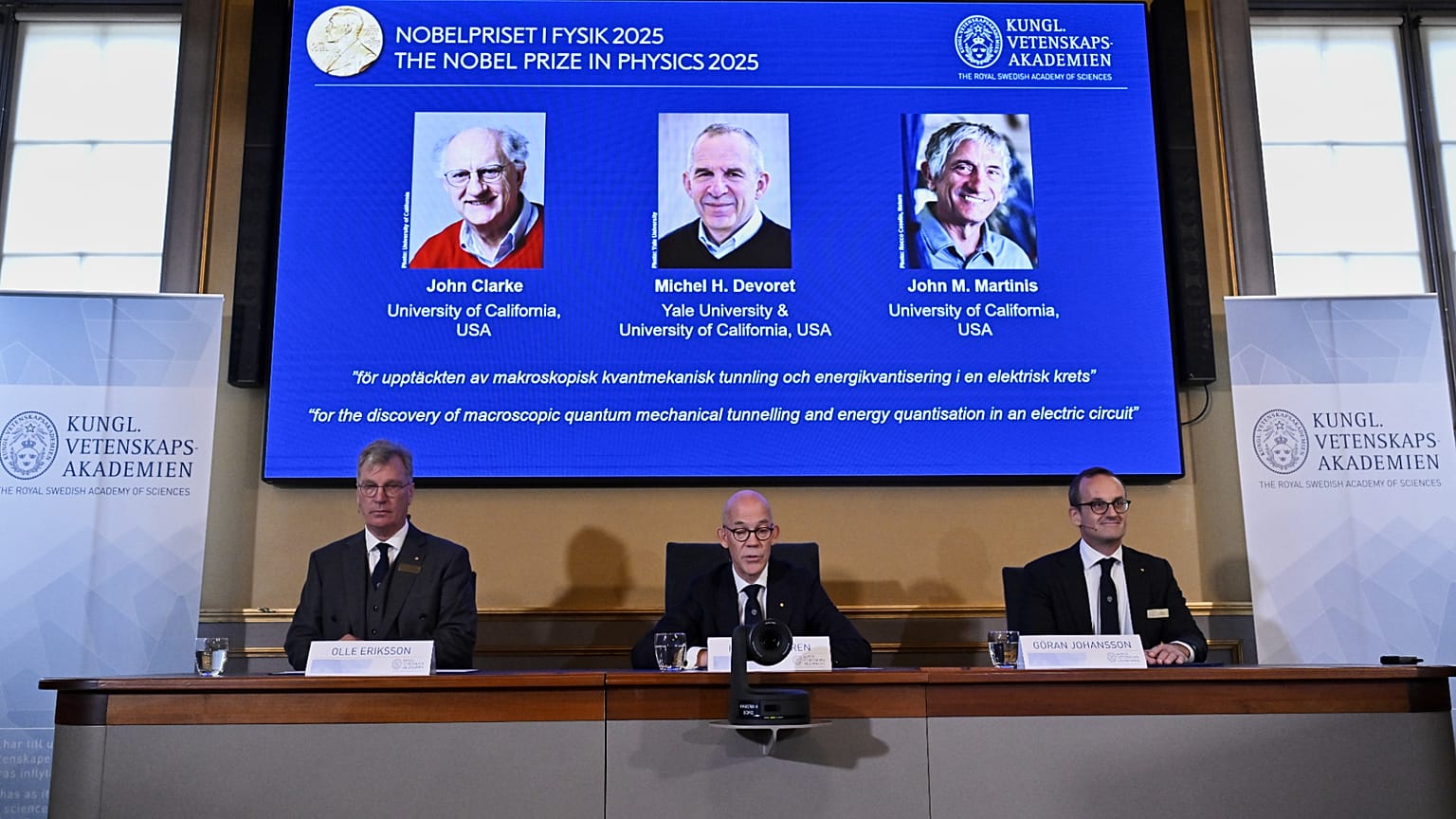 El Instituto Karolinska anuncia los nombres de John Clarke, Michel H. Devoret and John M. Martinis en una comparecencia de este martes, 7 de octubre de 2025