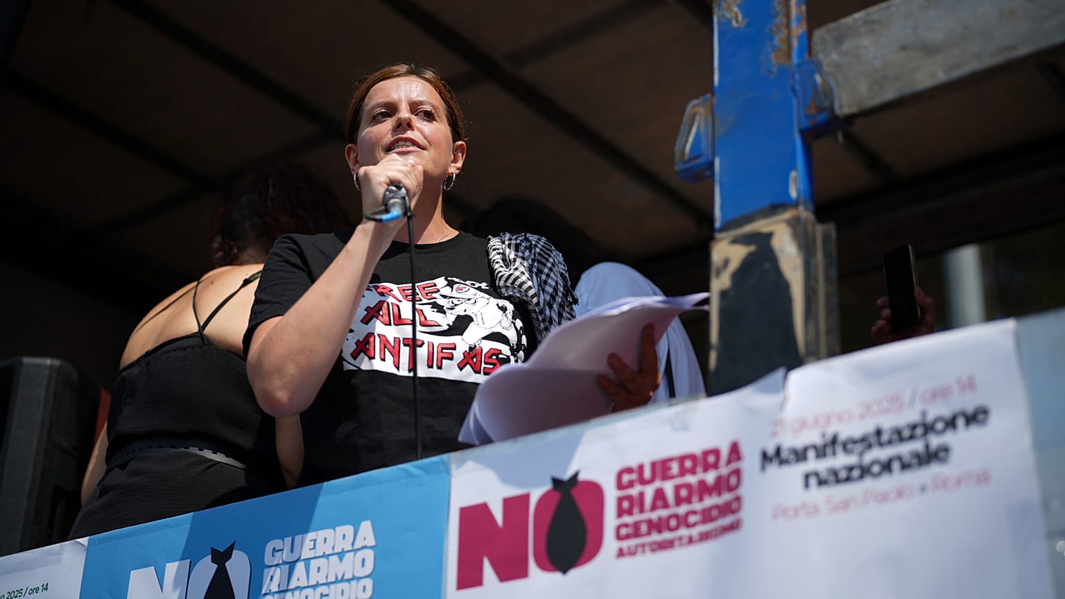 EU Parliament member Ilaria Salis speaks during the 'Stop Rearm Europe' march in Rome, Saturday, June 21, 2025, (AP Photo/Andrew Medichini)
