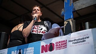 EU Parliament member Ilaria Salis speaks during the 'Stop Rearm Europe' march in Rome, Saturday, June 21, 2025, (AP Photo/Andrew Medichini)