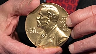 A close-up view of a Nobel Prize medal is shown in the U.S. on Dec. 8, 2020.