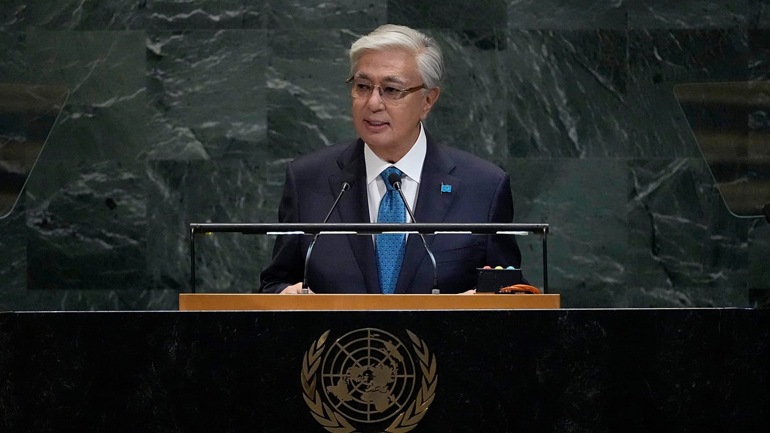 Preside of Kazakhstan, Kassym-Jomart Tokayev, addresses the 80th session of the United Nations General Assembly. New York. 23 Sept. 2025.