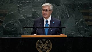 Preside of Kazakhstan, Kassym-Jomart Tokayev, addresses the 80th session of the United Nations General Assembly. New York. 23 Sept. 2025.