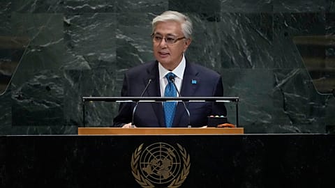 Preside of Kazakhstan, Kassym-Jomart Tokayev, addresses the 80th session of the United Nations General Assembly. New York. 23 Sept. 2025.