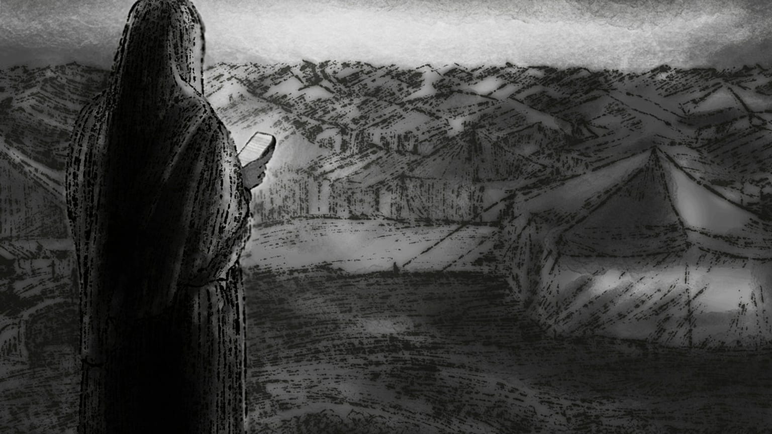 رسم يجسد إمرأة فلسطينية قبالة خيام النزوح في غزة