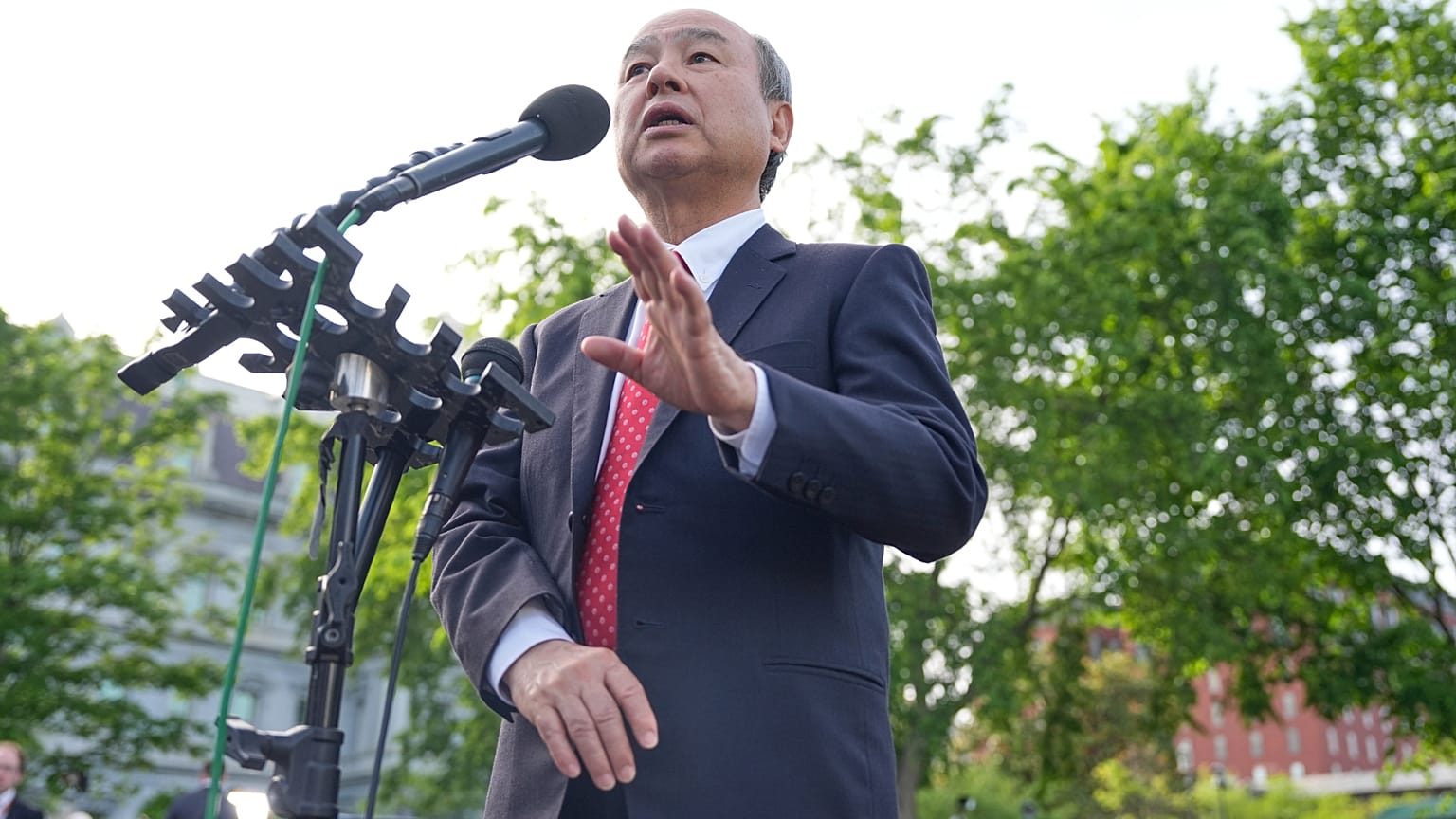 Softbank CEO Masayoshi Son speaks outside the West Wing of the White House, Washington. 30 April 2025.
