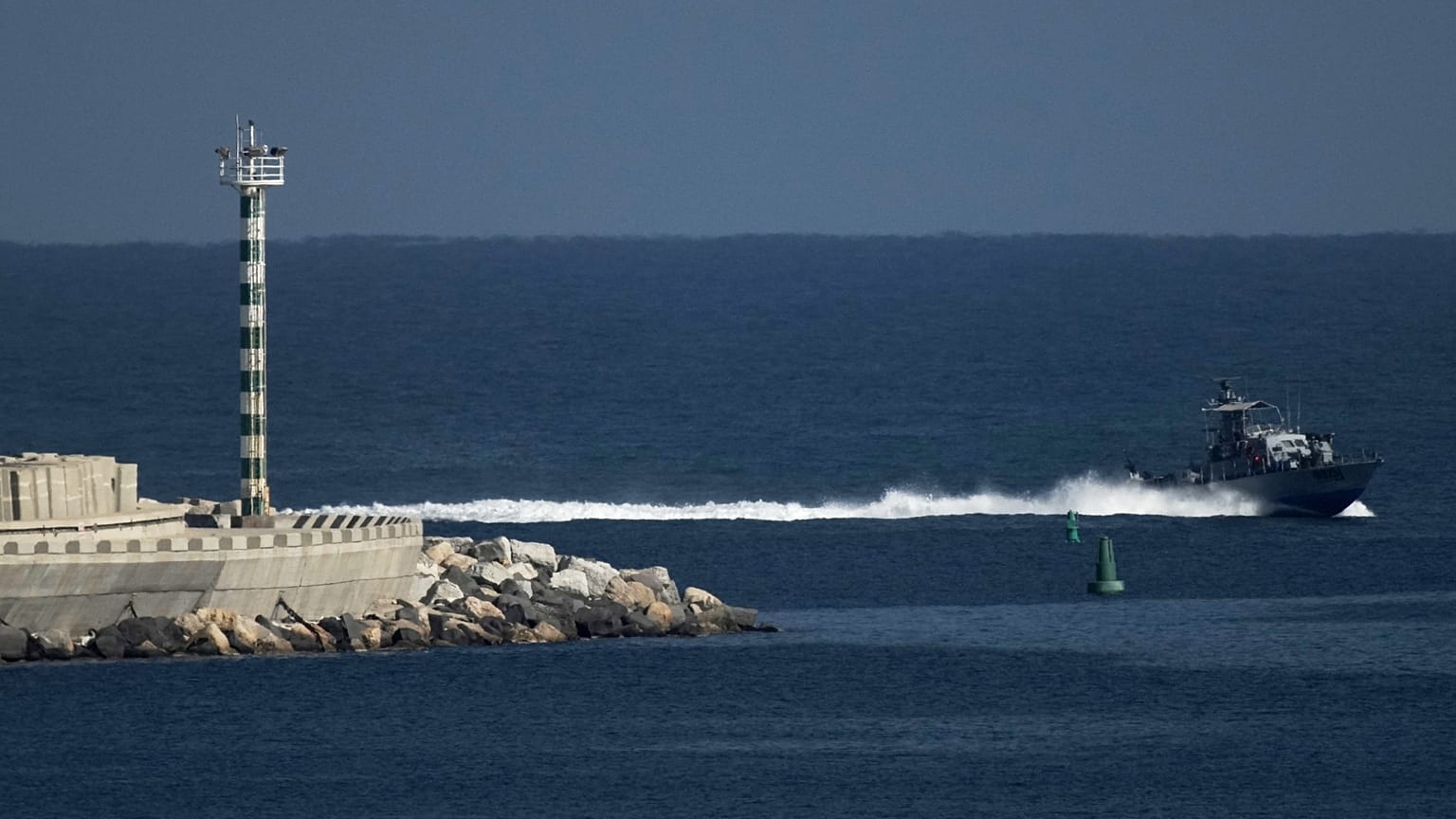FILE: An Israeli Navy vessel moves in the Mediterranean sea toward the port of Ashdod, 2 October 2025
