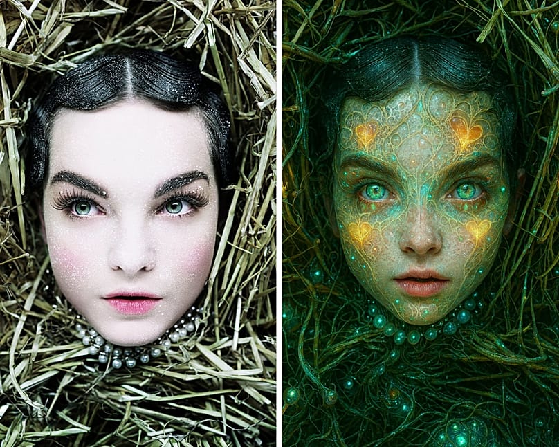 Ellen in a Box: before and after AI-generated transformation