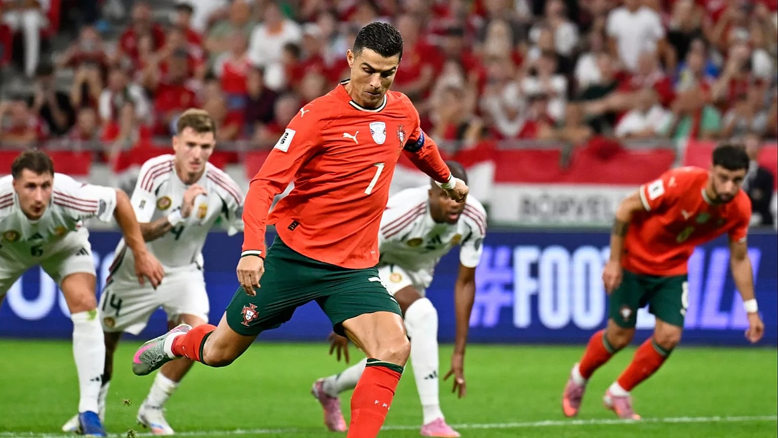 Portugal's Cristiano Ronaldo scores his side's second goal from the penalty spot during a match between Hungary and Portugal in September, 2025.
