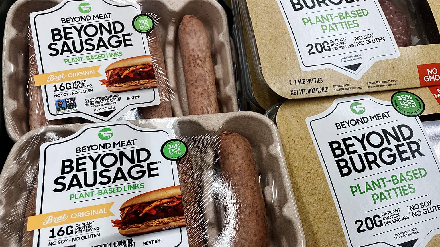 Beyond Meat products are seen in a refrigerated case inside a grocery store.