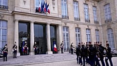 Republican Guards prepare for welcoming at the presidential Élysée Palace, Wednesday 8 October 2025 in Paris.