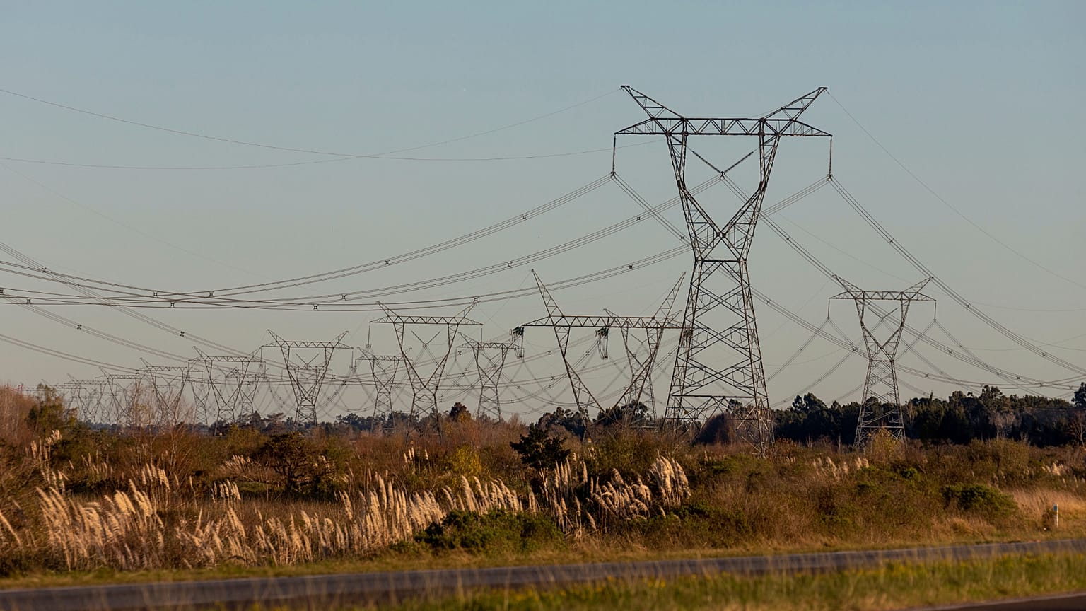 Torres de alta tensión en el medio del campo en Argentina.