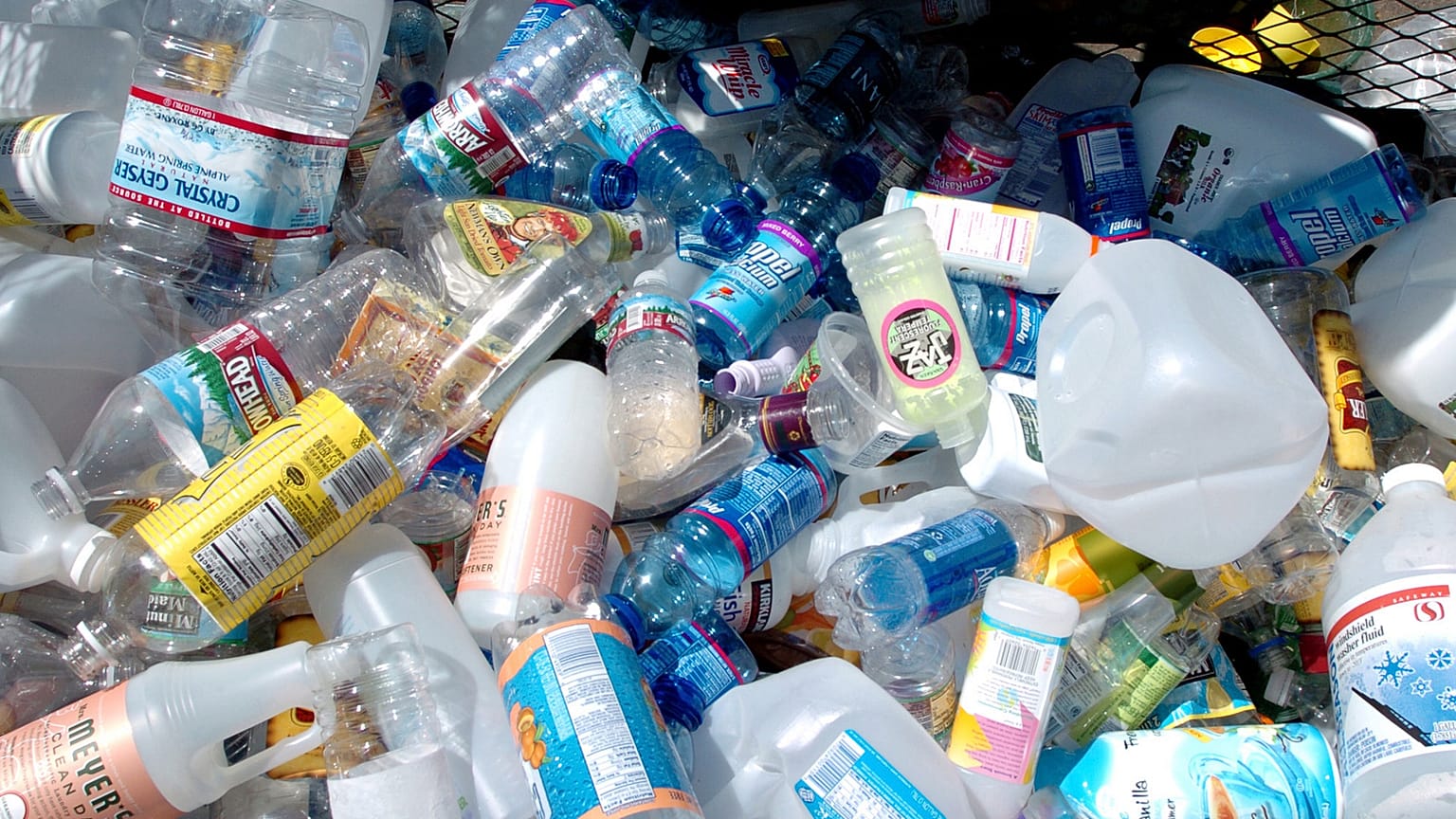 مجموعة من زجاجات البلاستيك داخل حاوية في مركز إعادة التدوير في بورتلاند، أوريغون