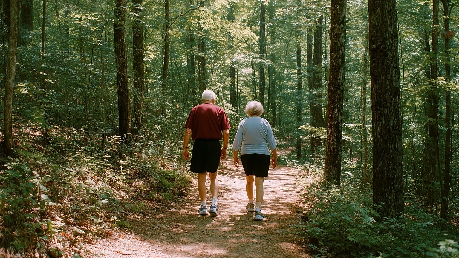 An older couple walks outside.