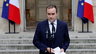 French outgoing Prime Minister Sebastien Lecornu makes a statement at the Hotel Matignon, the Prime Minister's residence, Wednesday 8 October 2025