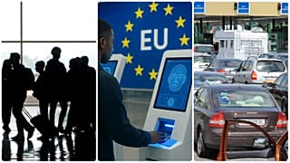 Utasok egy repülőtéren, a Határregisztrációs Rendszer működése, torlódás a magyar-szerb határon