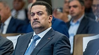  رئيس الوزراء العراقي محمد شياع السوداني يحضر مؤتمر إصلاح القطاع المصرفي العراقي في فندق بابل، بغداد، العراق، الاثنين 7 أبريل/نيسان 2025.