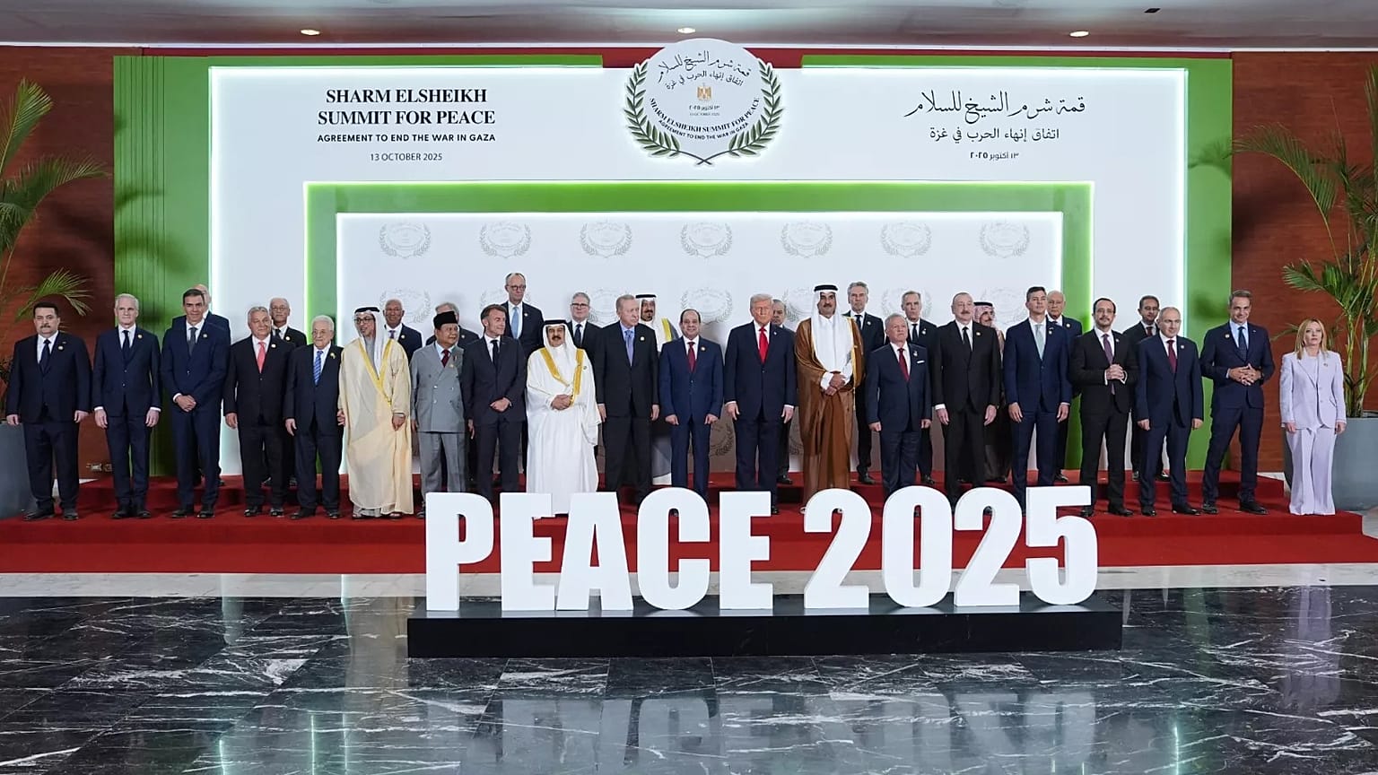 World leaders pose for a photo during a summit to support ending the more than two-year Israel-Hamas war in Gaza in Sharm El Sheikh, 13 October, 2025 