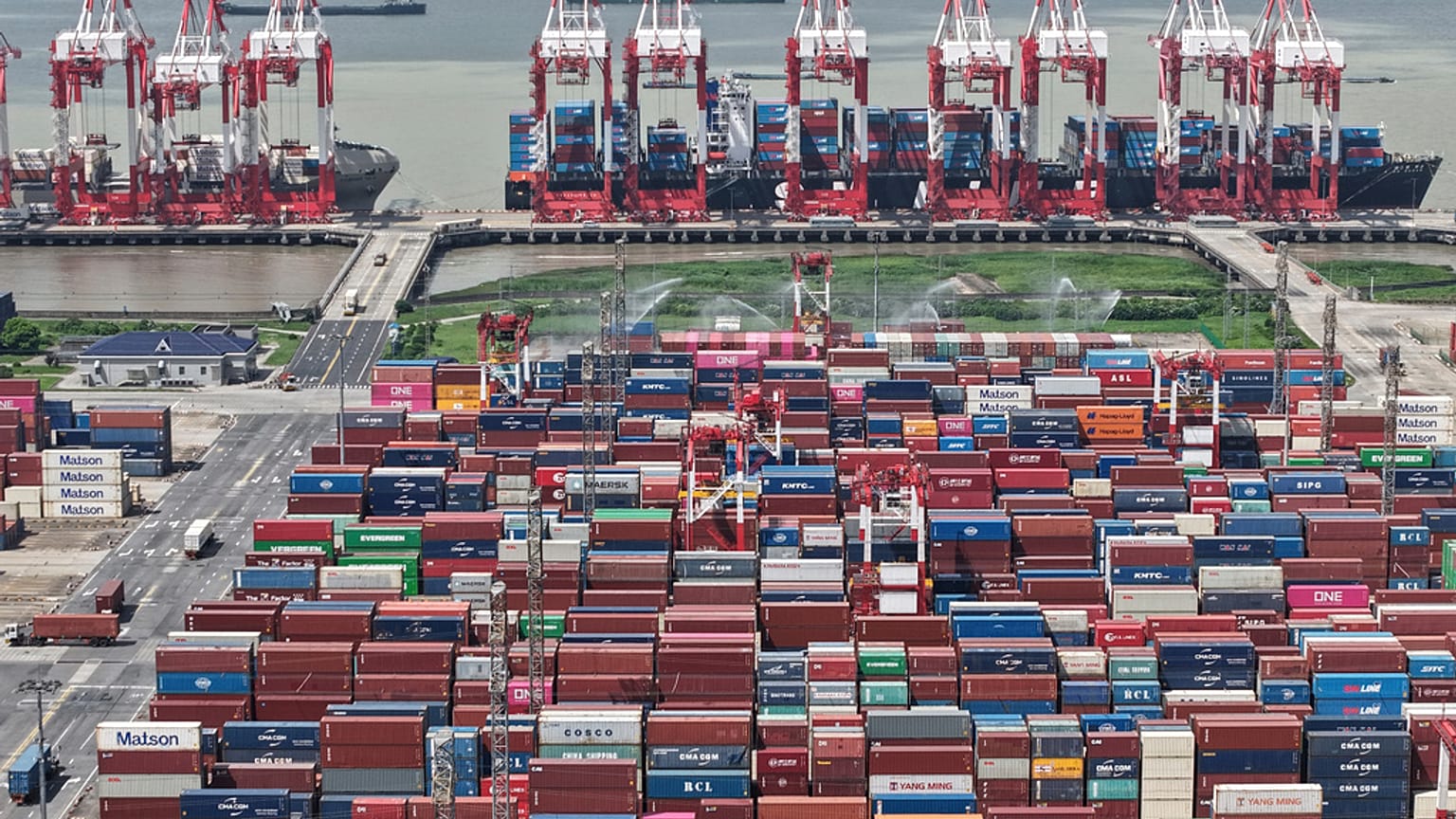 An aerial view of a container terminal in Shanghai, China Monday, 13 October 2025. 