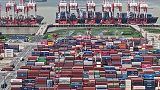 An aerial view of a container terminal in Shanghai, China Monday, 13 October 2025. 