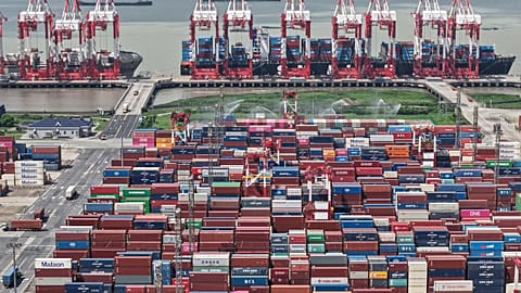 An aerial view of a container terminal in Shanghai, China Monday, 13 October 2025. 