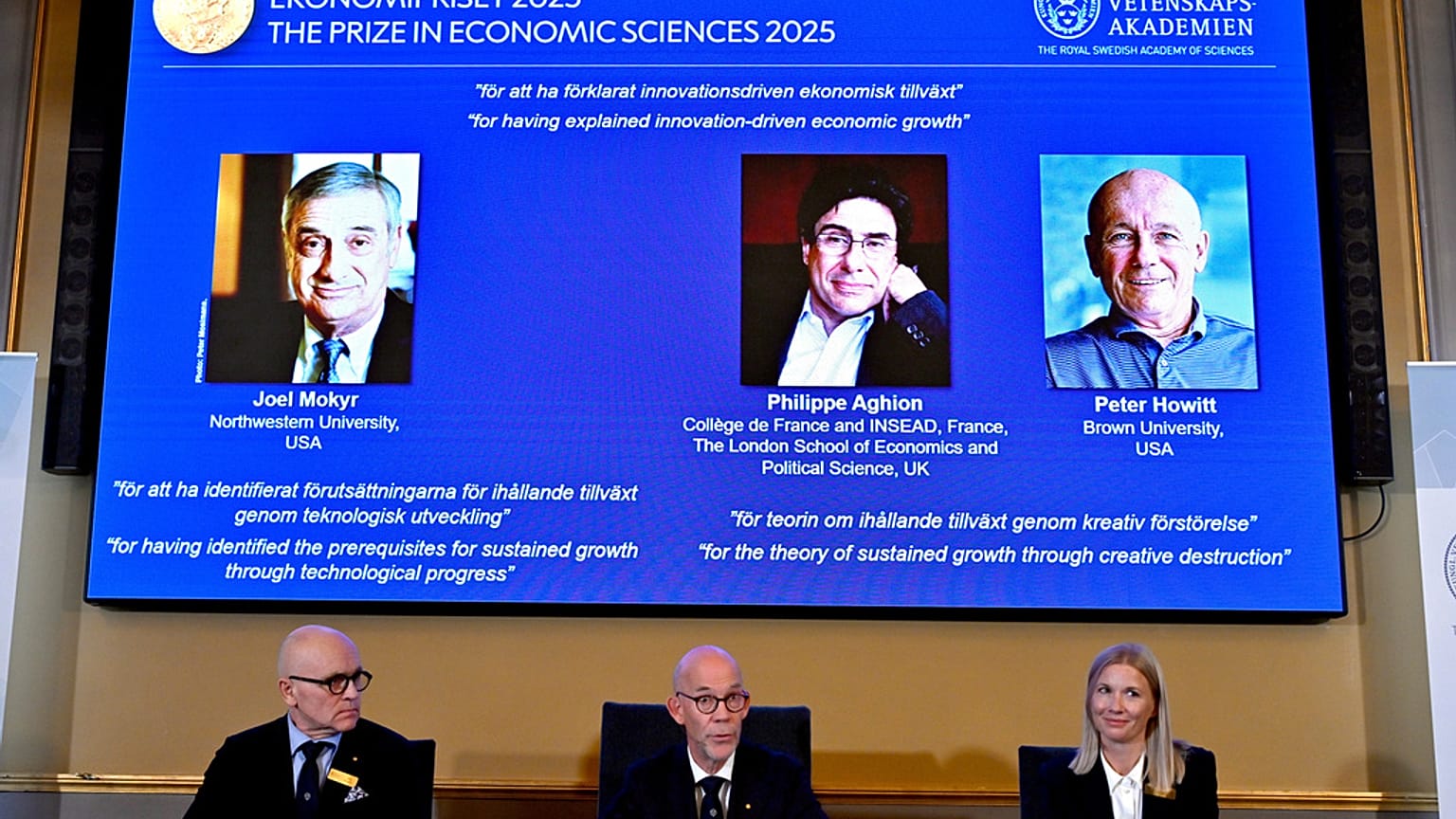 Joel Mokyr, Philippe Aghion y Peter Howitt ganan el Premio Nobel de Economía. Lunes, 13 de octubre de 2025.