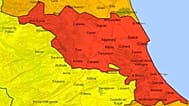 Mapa de la Agencia Estatal de Meterología sobre la zona roja afectada en la provincia de Valencia.