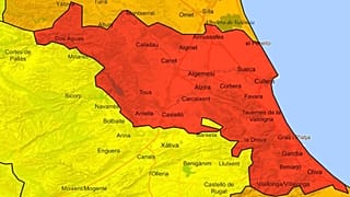 Mapa de la Agencia Estatal de Meterología sobre la zona roja afectada en la provincia de Valencia.